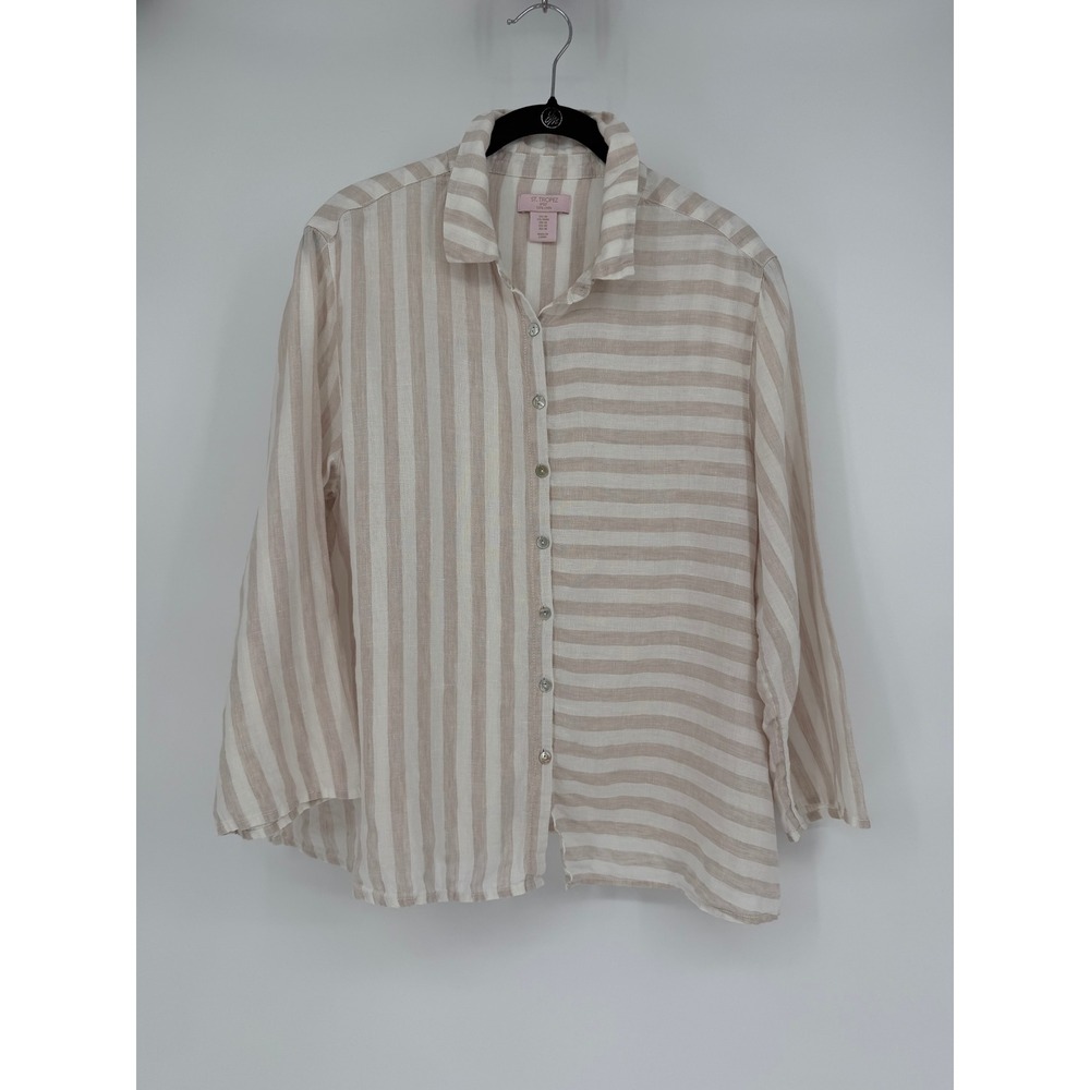 St. Tropez West Womens Linen Striped Button Up Shirt Beige White Size M